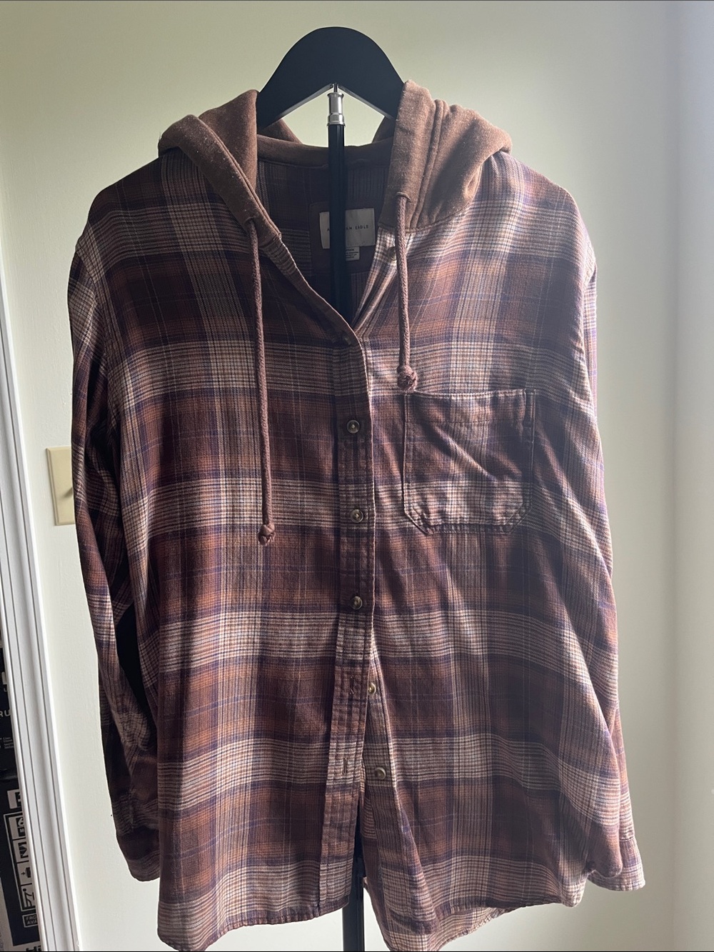 American Eagle Outfitters Brown Plaid Button-Down Hooded Shirt